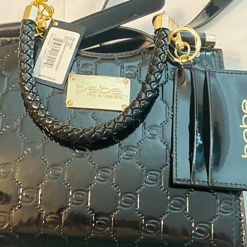 Bebe Black and Gold Satchel with Chain Detail